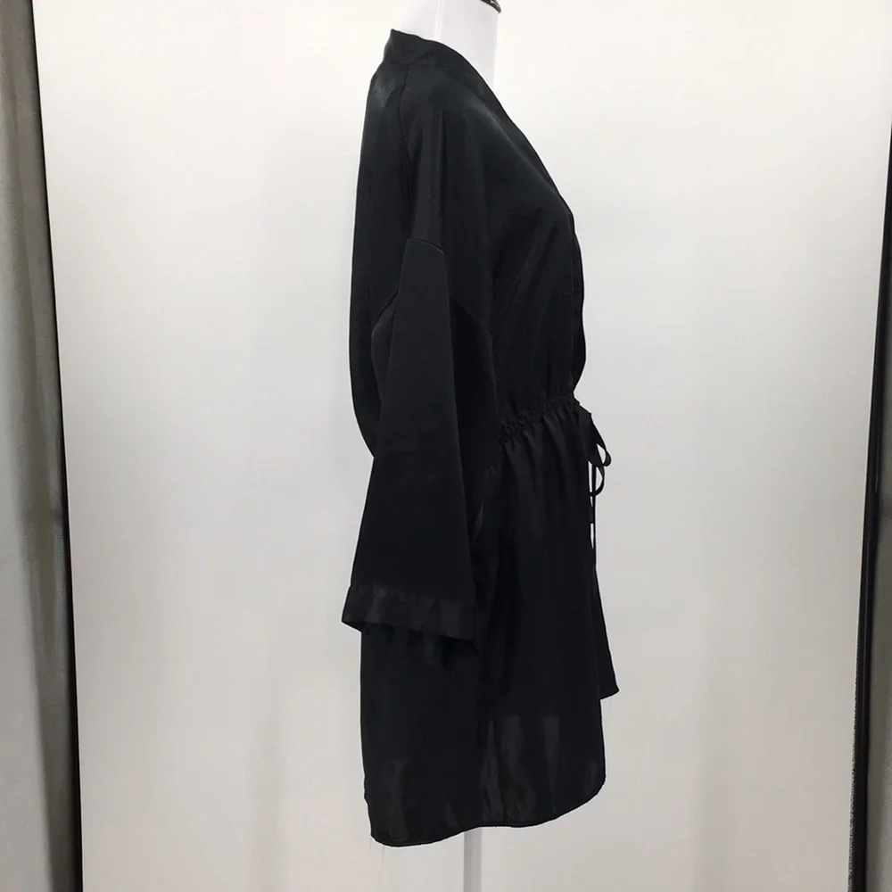 Victoria's Secret Black Silky Robe Womens Small Tie Waist Vintage Gold Label 80s